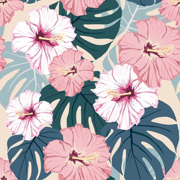 Seamless pattern, light vintage colors, palm monstera leaves and hibiscus flowers on dark peach background. 