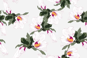 Fototapeten Beautiful fashionable seamless floral jungle pattern background. Colorful tropical flowers, white pink hibiscus with green leaves, exotic print. © Iuliia