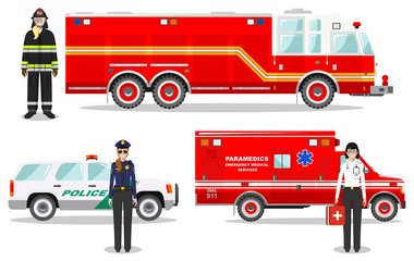 Emergency concept. Detailed illustration of firefighter, doctor, policewoman with fire truck, ambulance and police car in flat style on white background. Vector illustration.