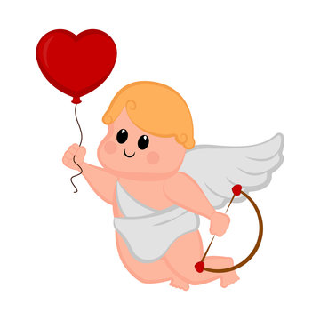 Cute cupid boy with a heart shape balloon. Vector illustration design