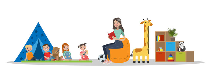Fototapeta premium Kindergarten interior with woman reading a book