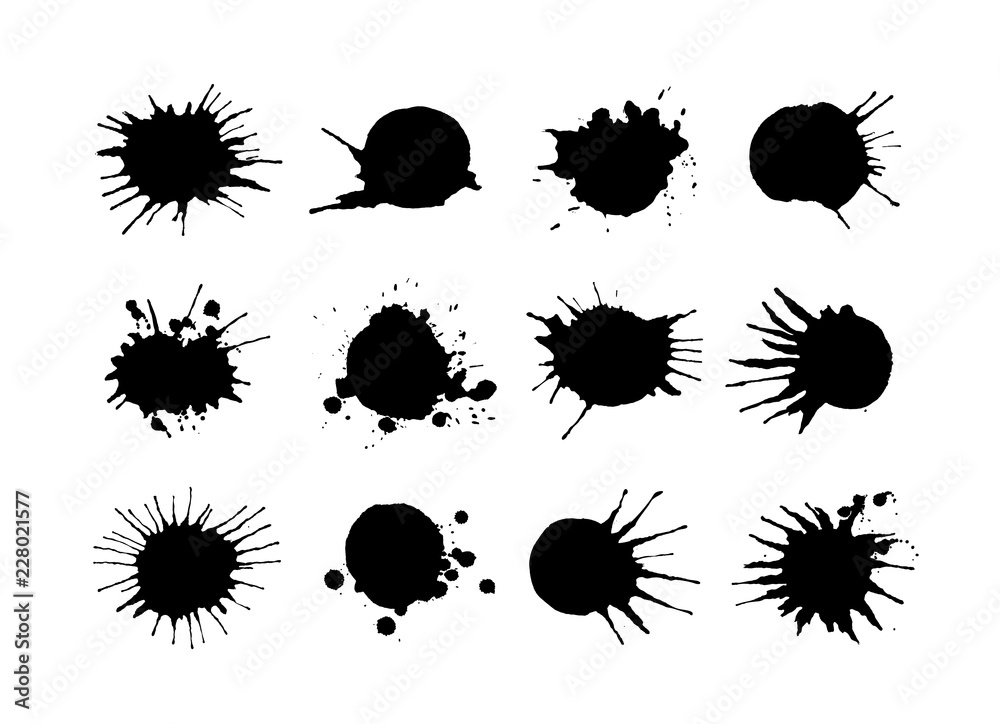 Poster set of black ink splashes and drops.