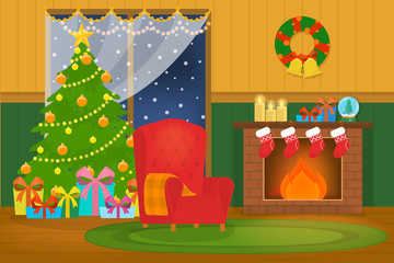 Christmas cozy room with tree and gift boxes.