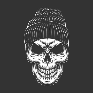 Monochrome vintage skull in hipster hat