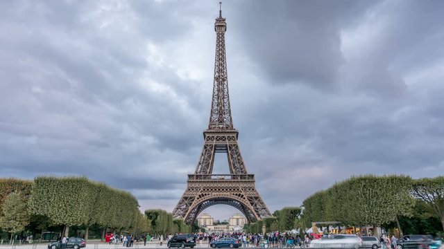 Eiffel tower, one of the most important landmarks of Paris, France. Time lapse video.