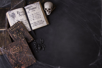 Old spell books with spider webs and a skull
