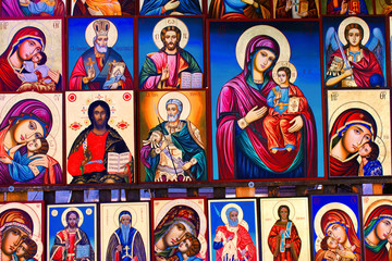Obraz na płótnie Canvas Hand painted Christian Orthodox icons at street market in Sofia, Bulgaria