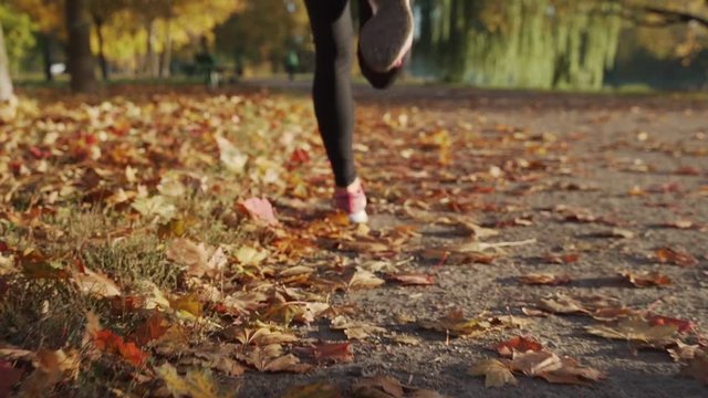 Close up of feet of woman runner running in autumn leaves, concept of training exercise