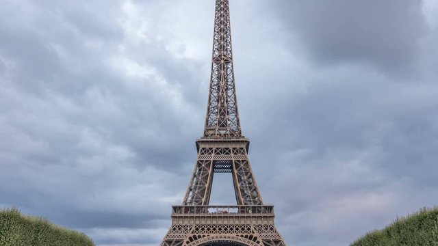 Eiffel tower, one of the most important landmarks of Paris, France. Clouds move fast, time lapse video