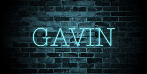 first name Gavin in blue neon on brick wall