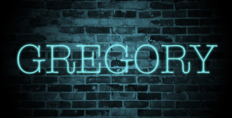 Obraz premium first name Gregory in blue neon on brick wall