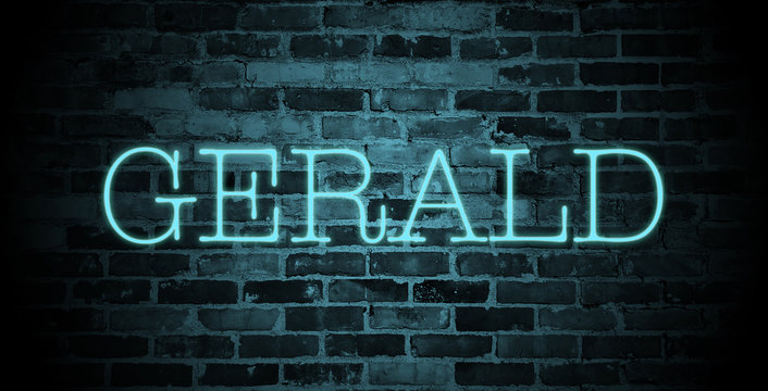 first name Gerald in blue neon on brick wall
