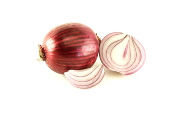 Red whole and cut onion isolated on white background