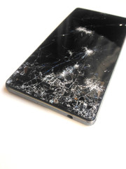 Broken screen crack phone. Black smartphone on a white background. Isolate