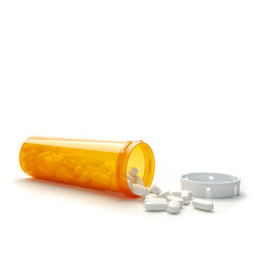 Open orange pill bottle with pills on white background