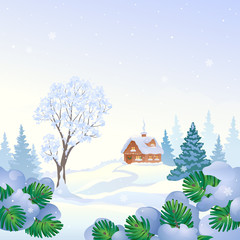 Snowy landscape small house and snow covered trees