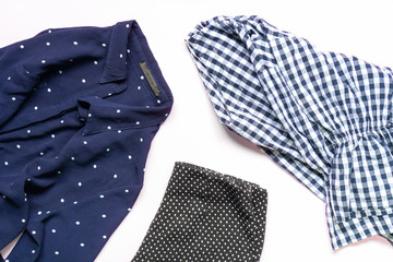 flat lay of woman clothes and accessories set. Trendy fashion female background.