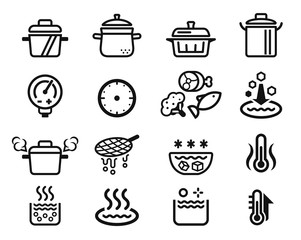 Qualification of boiled or stewed food by kitchenware icon.