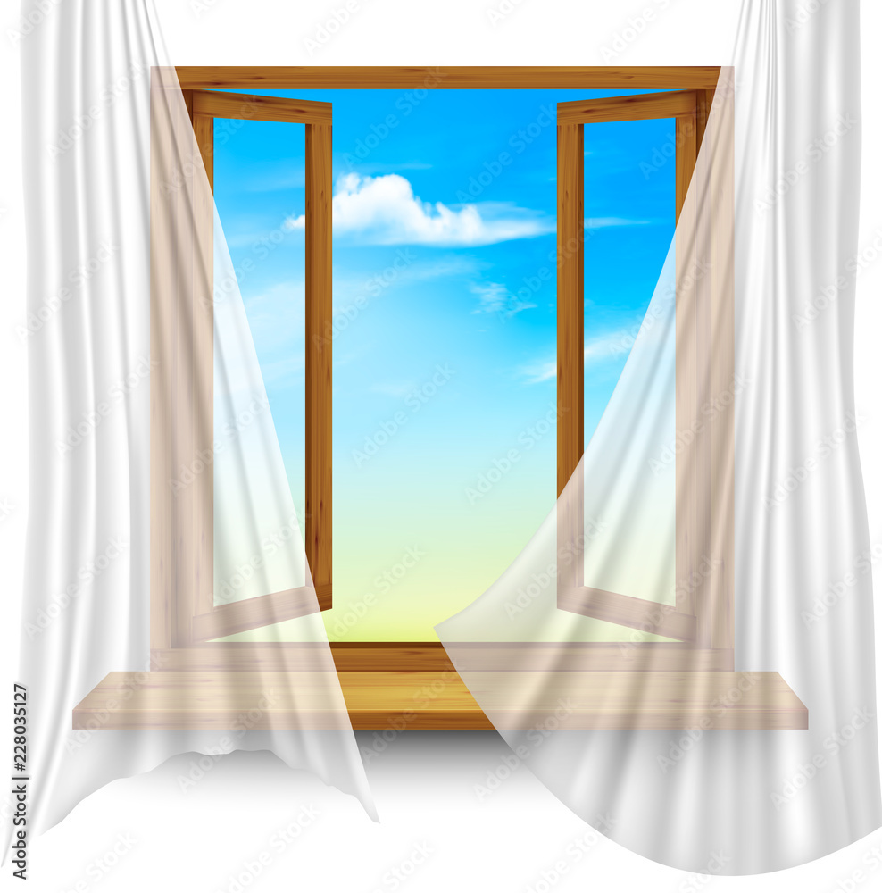 Poster wooden window frame with curtains on a transparent background. vector