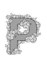 Black and white illustration of the letter "P" with swirl patterns.