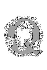 Black and white illustration of the letter "Q" with swirl patterns.