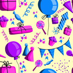 Seamless pattern with cartoon birthday party elements in pink purple and blue colors on yellow background