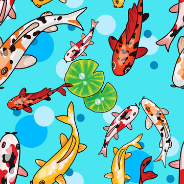 Digital illustration of seamless pattern with cartoony koi carps and lotus leaves ander water top view