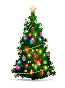 Christmas pine tree with star, lights and balls