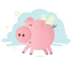 Cute vector pink pig with wings