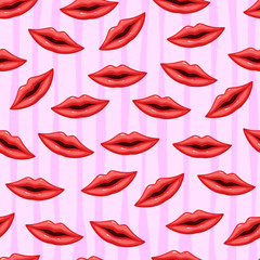Seamless pattern pink lips on striped background