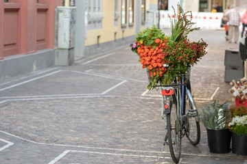 Fototapeta na wymiar A bicycle basket filled with flowers and foliage at a European farmers market