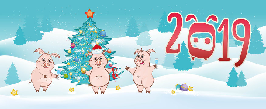 funny pigs near the Christmas tree on the background near the inscription 2019