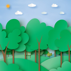 Obraz premium Ekologia i koncepcja środowiska z zielonym lasem i natura krajobraz tło wyciąć tło. Ilustracja wektorowa.
