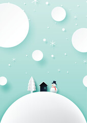 Naklejka premium Winter season landscape with cottage,pine tree and snowman for merry christmas and happy new year background paper art style.Vector illustration.