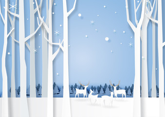 Naklejka premium Winter season forest silhouette and deers wildlife background paper art style for merry christmas and happy new year.Vector illustration.