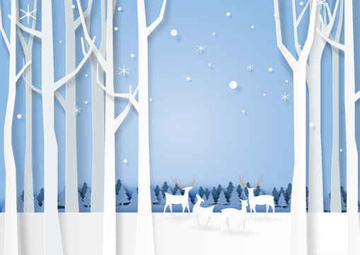 Winter season forest silhouette and deers wildlife background paper art style for merry christmas and happy new year.Vector illustration.