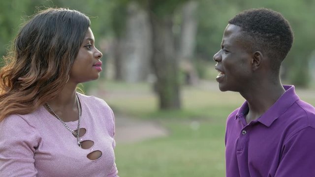 Flirt,chatting,attraction. Young black african lovers talking in the park