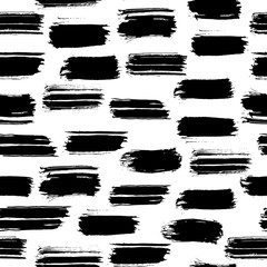 Seamless pattern with black horizontal hand-drawn ink brush stripes and strokes isolated on white background. Rough shapes vector backdrop. Doodle style abstract grunge texture.