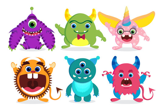 Cute monster vector characters elements set with funny faces and beast creature looks isolated in white. Vector illustration.
