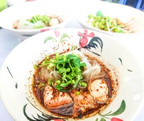 Close up Thicken Soup Noodles Sliced Pork with Pork Ball / thai food