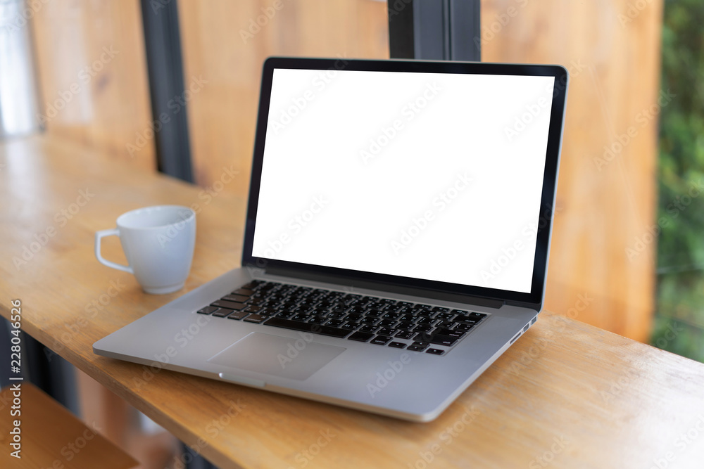 Poster mock up using laptop with blank screen computer modern