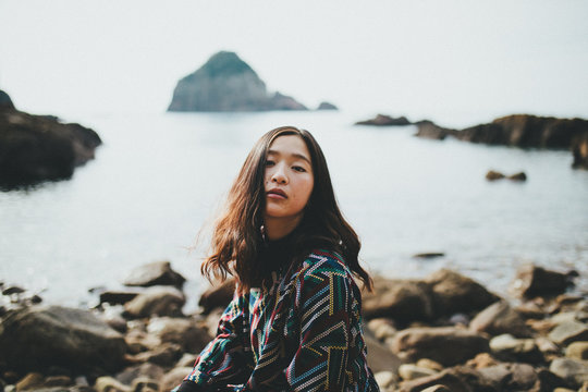 Woman and the shore.