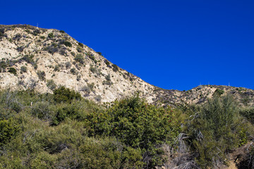 Mountains Jutting out against a Deep Blue Sky with Brush in the Foreground in the Angeles National Forest outside of Los Angeles, California, USA
