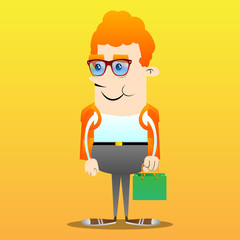 Schoolboy holding a green paper bag. Vector cartoon character illustration.