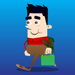 Schoolboy holding a green paper bag. Vector cartoon character illustration.