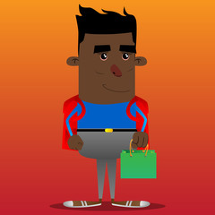 Schoolboy holding a green paper bag. Vector cartoon character illustration.