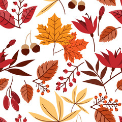 Seamless pattern of autumn leaves with berry  branches, Acorn  nuts and flowers on white background.   Vector illustration.