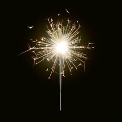 New year sparkler candle isolated on black background. Realistic vector light effect. Party backdrop - 228049908