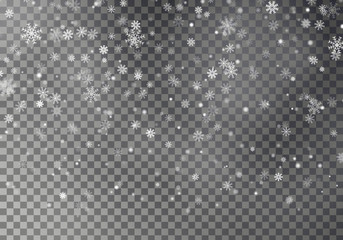Christmas falling snow vector isolated on dark background. Snowflake transparent decoration effect. 