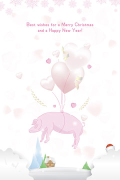 Happy new year 2019 Postcard with pink pig zodiac sign and with balloons in the form of hearts on background with ribbons. Flat vector illustration EPS10